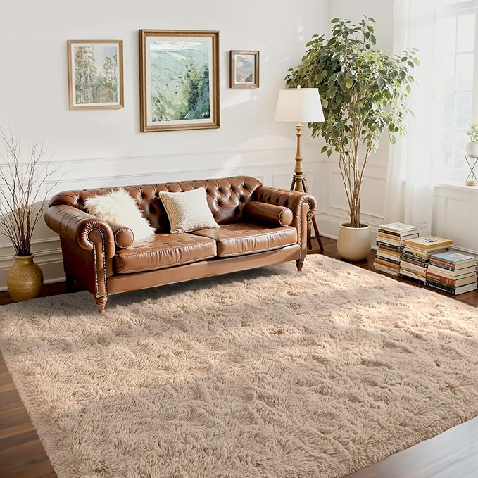 Bedroom Rugs Fluffy Neutral 3x5 Beige Area Rug, Modern Plush Non-Slip Soft Living Room Shag Carpet for Book Room Office,Coffee Stain Resistant