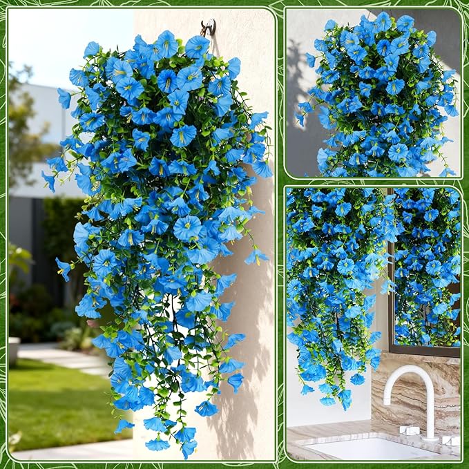 4-Pack Fake Hanging Plants, Faux Hanging Plant Artificial Greenery for Living Room Bedroom Boho Wall Shelf Indoor Outdoor Decor (Blue Morning Glory)