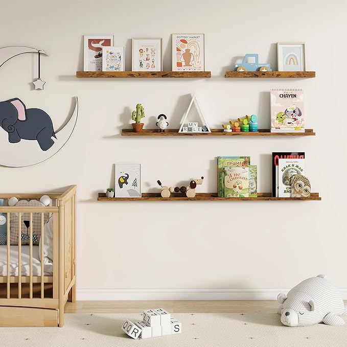 Floating Picture Ledge Shelves Set of 2, 16 Inch Solid Wood Wall Shelves with Lip, Large Nursery Book Shelf for Toys Storage, Kids Bookshelf, Living Room, Bedroom Decor Frames, Rustic Brown