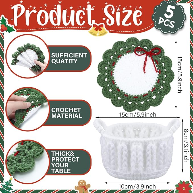 5 Pcs Wreath Crochet Coaster Set Wreath Coaster with White Pot Storage Basket Handmade Present Woven Cup Mats Kit for Holiday Party Gifts Kitchen Office Home Decor