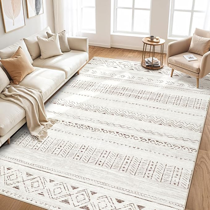 cotiled 6x9 Area Rug Living Room: Washable Boho Rugs with Non Slip Backing Large Soft Indoor Stain Resistant Carpet for Bedroom Farmhouse Dining Room Lightweight Home Decor L Brown/Cream