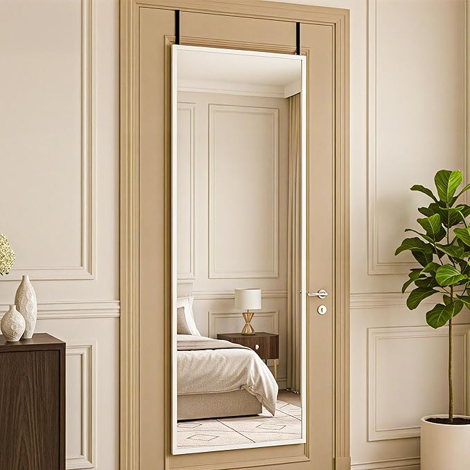 Antok 47''x 14'' Full Length Mirror Over Door, 3-in-1 Standing Leaning Wall Mounted, Adjustable Hanging Mirror for Bedroom Living Room, White, Rect Corner