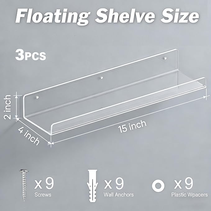 Clear Acrylic Shelves for Bathroom, 15'' Floating Shelves Wall Organizer for Perfume, Skincare, Bookshelf Organizer for Bedroom, Kids Room, Living Room, Room Decor