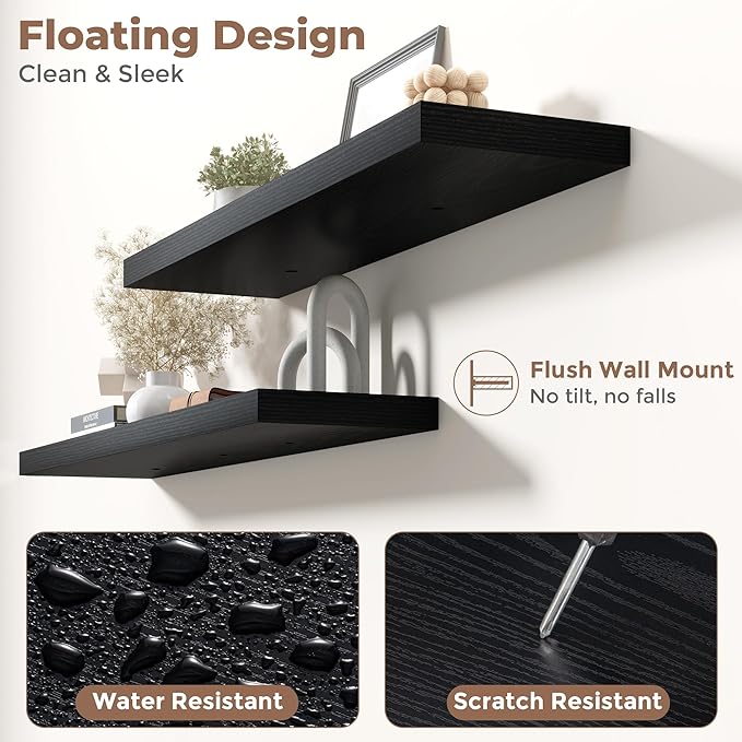 40 Inch Floating Shelves for Wall with Invisible Brackets Set of 2, 9"D Engineered Wood Wall Shelves with Wood Grain for Living Room, Bedroom, Bathroom, Kitchen Decor and Storage, Black Finish
