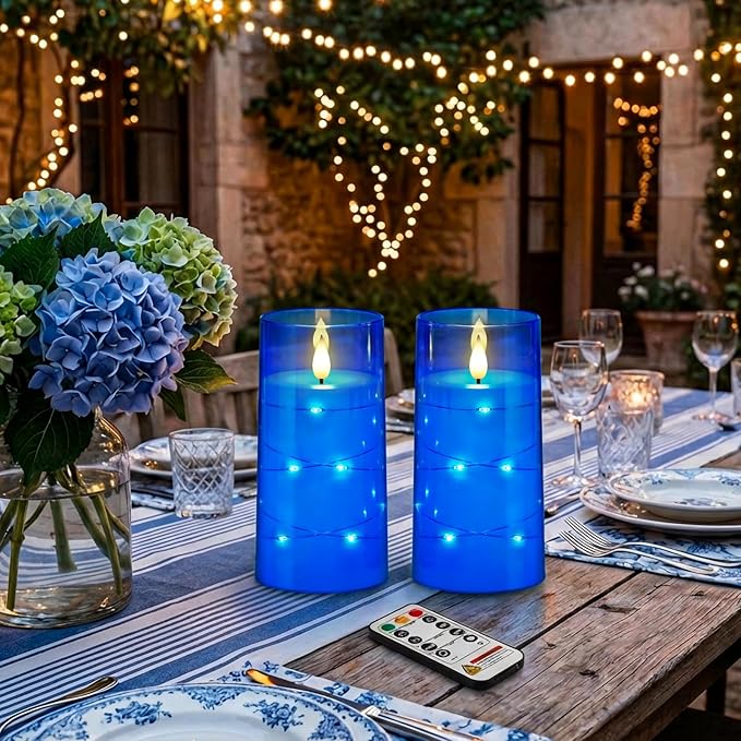 Homemory Flameless Candles with Embedded Star String Fairy Lights, Battery Operated Candles, LED Candle, Fake Candles with Remote Control and Timer, Blue, Set of 2(H 6" 6")