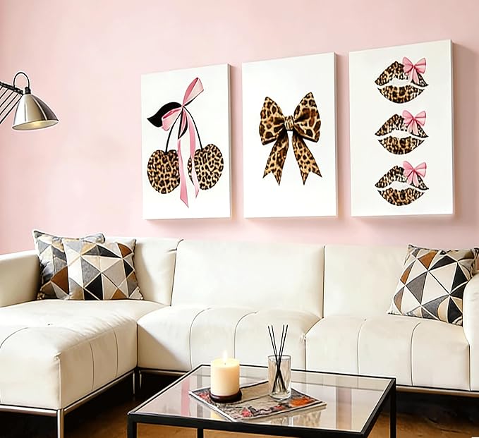 3Pcs Trendy Leopard Print Canvas Wall Art,Fashion Bow Cherry Lips Y2k Poster Pictures,Stylish Preppy Aesthetics Girls' Rooms Wall Decor for Bedroom Dorm Apartment.12x16in Framed