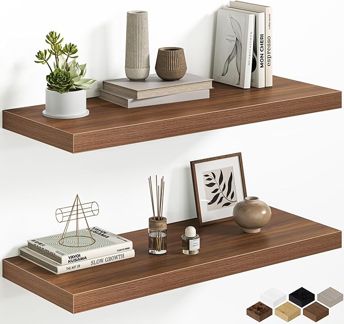 Fun Memories Floating Shelves - 2 Pack 30 Inch Long Rustic Wooden Wall Shelves - 12 Inch Deep Wall Mounted Storage Shelf with Invisible Heavy-Duty Brackets for Books, Bathroom, Kitchen, Walnut