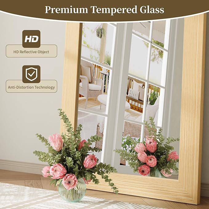 Syndra Modern Full Length Mirror Wood Frame, 65x24'' Large Floor Mirror with HD Tempered Glass & Wall Mount Option, Rectangular Standing Mirror for Bedroom, Living Room, Entryway, Farmhouse(Natural)