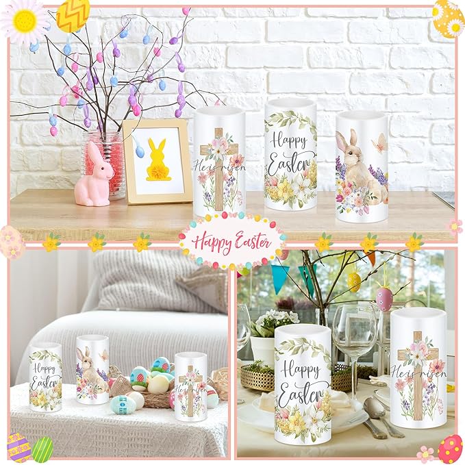 Retisee 3 Pcs Easter Flameless LED Candles Battery Operated Bunny Flower Spring Flickering Pillar Candles with Remote Rabbit Happy Easter Centerpiece for Bedroom Living Room Dinner Table Decoration