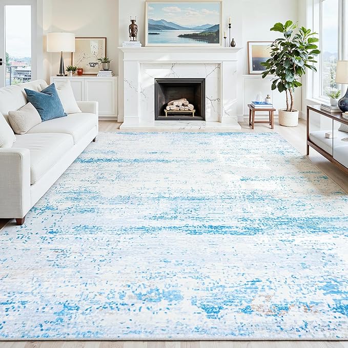 6x9 Area Rugs Washable Rug:Anti-Skid Abstract Modern Living Room Rug Soft Thin Carpets Indoor Floor Non-Shedding Carpet for Bedroom Dining Farmhouse Nursery Home Office(Light Blue/White/Beige, 6x9)