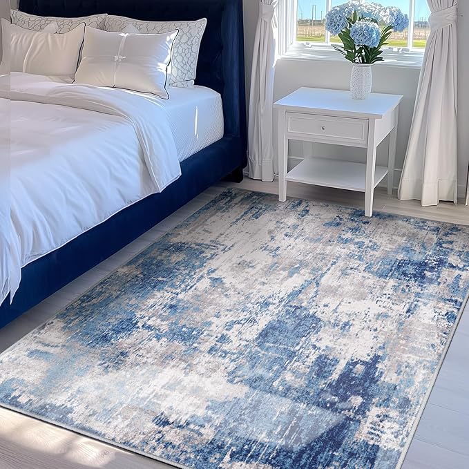 RELEANY Washable Area Rugs 4'x6' Non-Slip Modern Abstract Soft for Living Room Entryway Bedroom Nursery, Print Pattern, Blue Grey Navy Gray