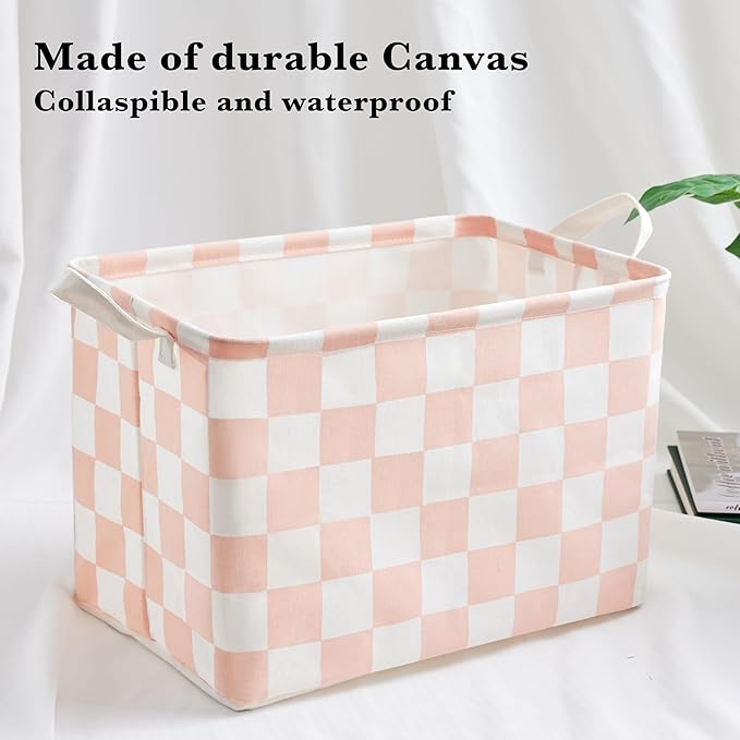 Ohocut Pink White Checkered Canvas Basket, Rectangular Organizing Decorative Storage Basket for Kids Girls Dog Cat Toy, Cute Aesthetic Checkered Room Decor for Home, Bedroom, Classroom, Shelves