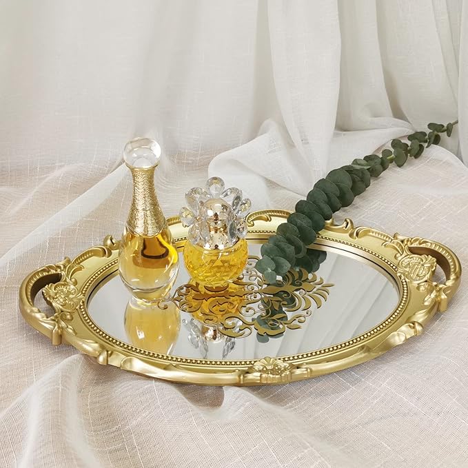 Oval Printed Decorative Mirror Tray, French Style, Mirror, Makeup Organizer, Jewelry Organizer, Serving Tray, 9.8"x 14.6", Gold