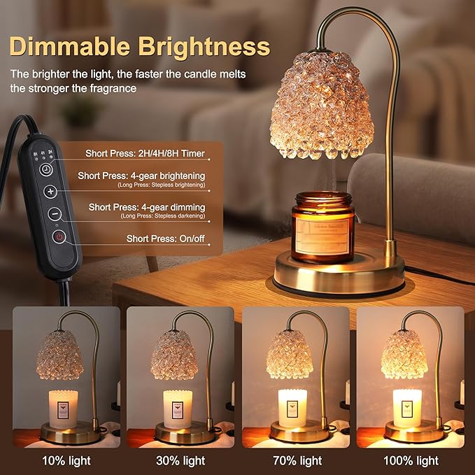 Candle Warmer Lamp with Timer Dimmer, Crystal Candle Lamp Birthday Gifts for Women, Mom, House Warming Gifts Wax Melt Warmer for Jar Candles with 2 Bulbs, Gold