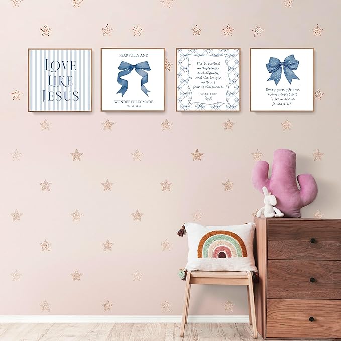 LARTSFRO Coquette Navy Blue Bow Jesus Wall Art Decor Posters, Blue Bow Christian Room Bedroom Bathroom Wall Art Decor Aesthetic for Teen Girls College Gifts, Inspirational Bible Verses Bow Wall Decor, 10x10 Inch Set of 4 Bow Pictures(UNFRAMED)