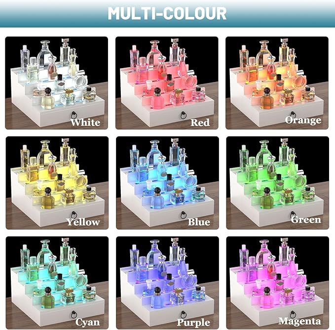 LED Lighted Cologne Organizer for Men, 4 Tier Wood Perfume Organizer with Velvet Lined Drawer, Multi Lighting Modes Perfume Display Holder with Remote Control, Cologne Shelf Stand, Nice Gift for Men