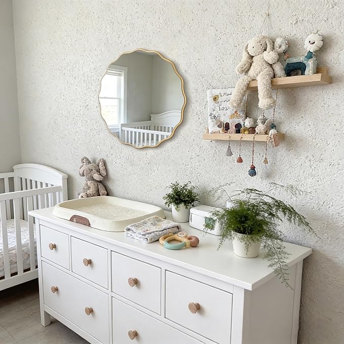 26" Wavy Mirror Scalloped Farmhous Modern Wood Farme Mirror Wall Decor for Bathroom Entryway Living Room Bedroom Hallway