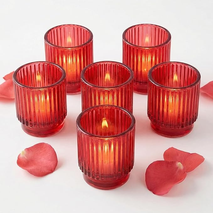 Kate Aspen Vintage Ribbed Red Glass Candle Holders Set of 6 - Votive & Tealight Candle Holder Decor for Holiday Table Decor, Christmas Dining Tablescape, Fall & Boho Home Accents (27206RD)