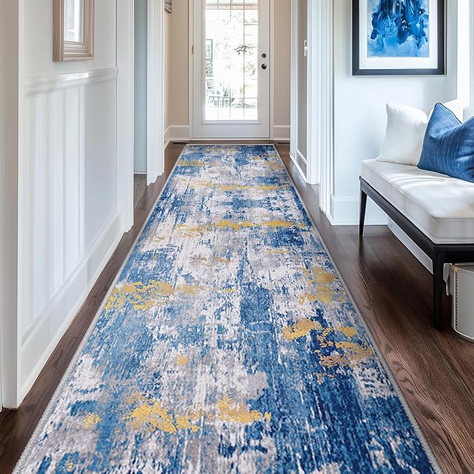 RELEANY Washable Area Rugs 2'x10' Non-Slip Modern Abstract Soft for Living Room Entryway Bedroom Nursery, Print Pattern, Grey Blue Gold/Golden