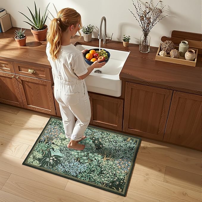 GarveeHome 2x3 Entryway Area Rug Non Slip Front Door Forest Rugs, Washable Indoor Kitchen Floor Mat Soft Low-Pile Stain Resistance Woodland Rug for Farmhouse Bedroom, Blue Green