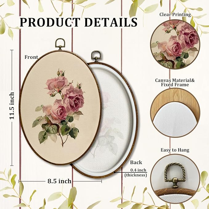 JQF Vintage Antique Pink Rose Oval Wall Art, Spring French Botanical Oval Canvas Wall Art, Rustic Cottagecore Floral Framed Prints Hanging Decor for Home Bedroom Living Room, 8.5x11.5 Inch