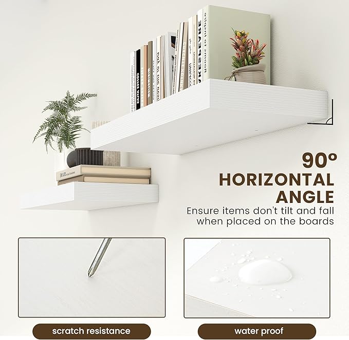 FLYJOE 30 Inch Floating Shelves | 12 Inch Deep White Floating Shelves Set of 2 | 30" W x 12" D Rustic Wood Shelves for Wall | Deep White Shelves for Living Room Bathroom Laundry Room Kitchen