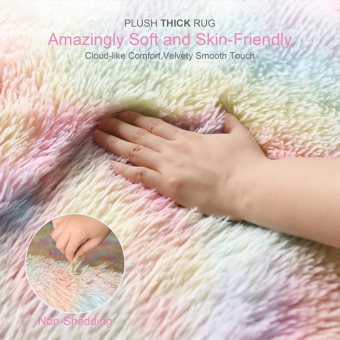 KICHOWUA Thick Area Rug 5x8 Unicorn Fluffy Shag for Girls Bedroom, Rainbow Soft Fuzzy Furry Shaggy Pastel Rug for Living Room,Thickened Washable Non Slip Princess Kids Nursery Boys Dorm Room Carpets