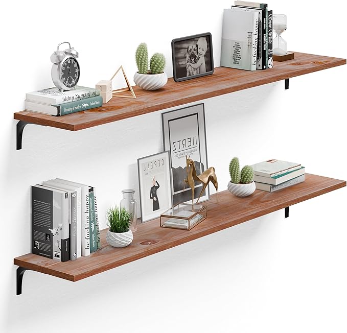 12 Inch Deep Floating Shelves Set of 2, 72 Inch Extra Wide Brown Solid Wood Wall Shelves, 6ft Heavy Duty Farmhouse Wall Mounted Shelving for Kitchen, Living Room & Bedroom