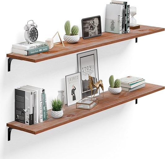 12 Inch Deep Floating Shelves Set of 2, 60 Inch Extra Wide Brown Solid Wood Wall Shelves, 5ft Heavy Duty Farmhouse Wall Mounted Shelving for Kitchen, Living Room & Bedroom