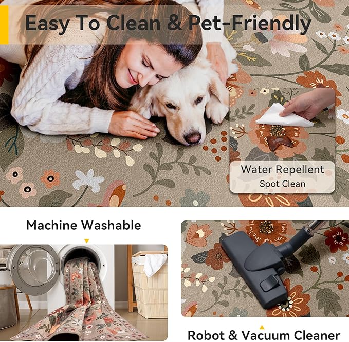 RELEANY Floral Nursery 8x10 Area Rugs Washable Print Boho Cute Carpet Non Slip Flower Low Pile for Living Room Kids Girls Playroom Bedroom Kitchen Office Farmhouse-Brown/Brick