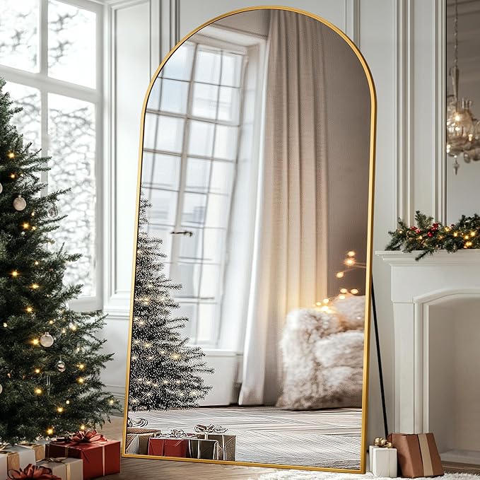 Antok Full Length Mirror, 90"x46" Floor Mirror with Stand, Hanging Mounted Mirrors for Bedroom, Living Room, Cloakroom, Dining Room, Gold, Arched
