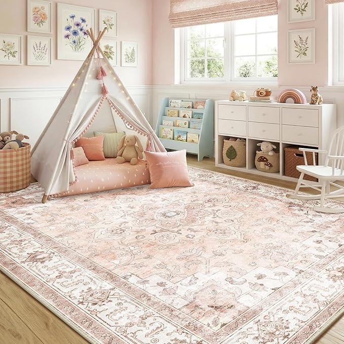 CAPALOCA Machine Washable Rugs Nursery Rug 5x7 Cute Girl Non Slip Low Pile Water Repellent Soft Print Pattern for Bedroom Indoor Decor Kids Playroom Pink