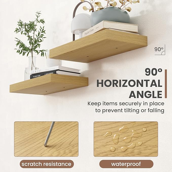 Acovy 36 Inch Floating Shelves, 8 Inch Deep Floating Shelves for Wall, Hanging Shelf with Invisible Brackets, Deep Shelves for Bathroom, Bedroom, Living Room, Oak, Set of 2