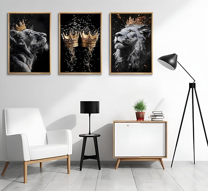3 Pieces Lion Canvas Wall Art Golden crown with lion Poster print Modern Motivational Black And White Lion Pictures Wall Decor for Living room Office Decoration Unframed