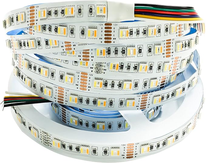12V 5 in 1 LED Strip Lights RGB + CCT, RGB + White + Warm White (2800K to 6500K) RGBCW 5M Mixed Colour Adjustable Light Strips IP20 300 LEDs for Bedroom, Kitchen, Advertising Decoration