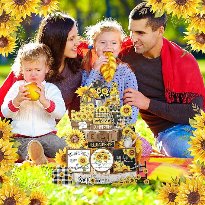 Bucherry 23 Pcs Sunflower Tiered Tray Decor Spring Decorations for Home Farmhouse Decorative Trays Wooden Sign Table Centerpieces for Home Kitchen Shelf supplies (Sunflower)