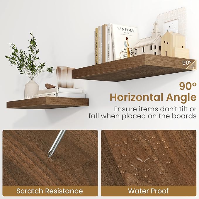 36 Inch Long Floating Shelves for Wall, 9.3 Inch Deep Floating Shelf with Heavy-Duty Bracket, 2 Pack Long Shelves for Bathroom, Living Room, Bedroom, Wall Mounted Storage Shelf for Books Decor, Walnut