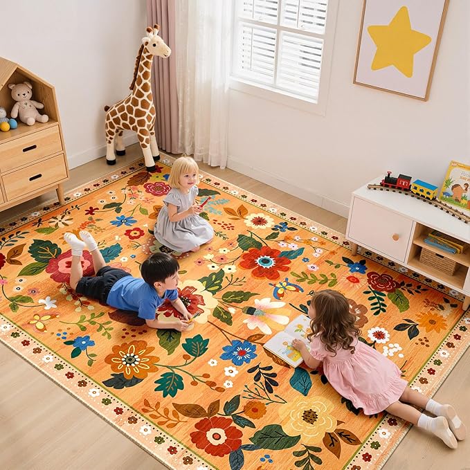 RELEANY Floral Nursery 5x7 Area Rugs Washable Print Boho Cute Carpet Non Slip Flower Low Pile for Living Room Kids Girls Playroom Bedroom Kitchen Office Farmhouse-Yellow/Orange