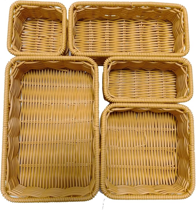 Drawer Organizers- Plastic Rattan Storage Trays for Bedroom, Bathroom, Kitchen, Office, Handwoven organizer, Waterproof and Easy Clean, 1 Set, Natural Color