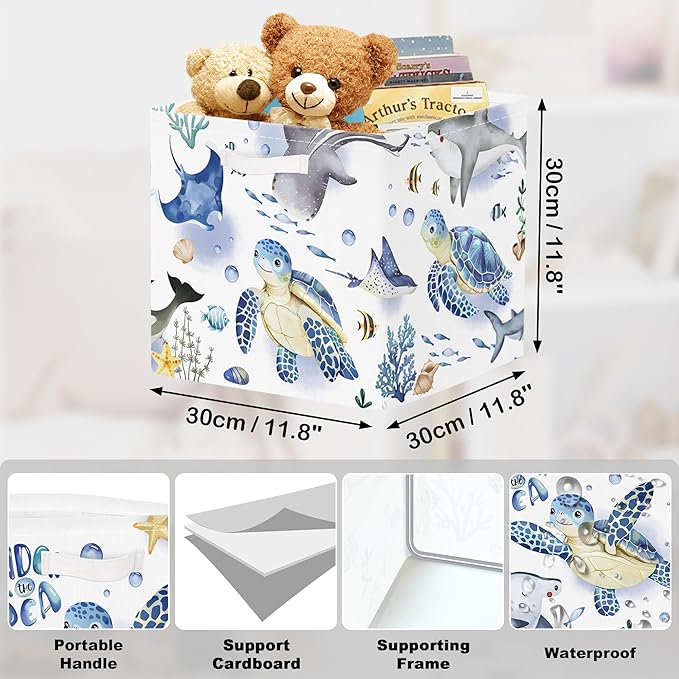 11.8" Marine Animals Cube Storage Organizer Set 3Pcs Ocean Sharks Turtles Cube Storage Bin for Bathroom/Bedroom Kid Book Toy Chest, Seaweed