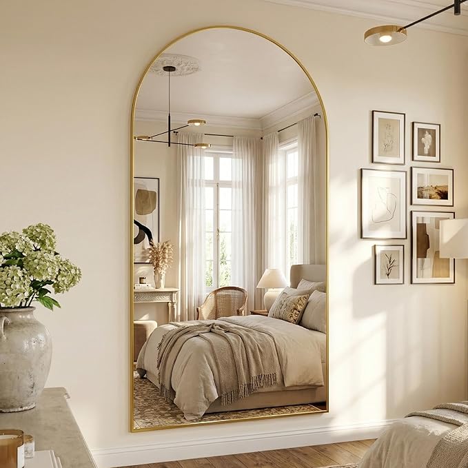 Suidia 88"x44" Arched Full Length Mirror with Stand, Full Body Mirror with Aluminum Frame, Freestanding/Leaning/Wall-Mounted, Floor Mirrors for Bedroom, Living Room, Entryway, Dressing Room, Gold