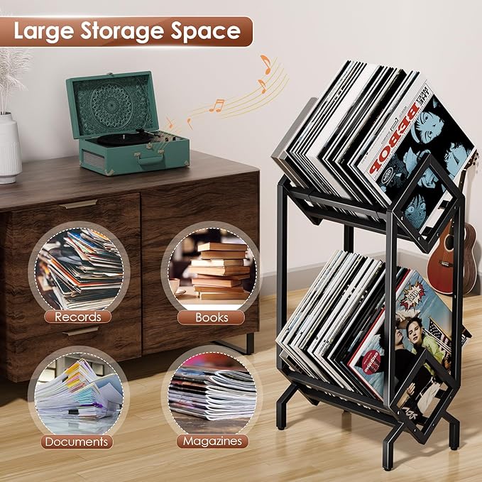 Vinyl Record Storage Rack, Record Holder 160-200 LP Storage Shelf Display Stand for Albums Books Magazines Files, Matte Black