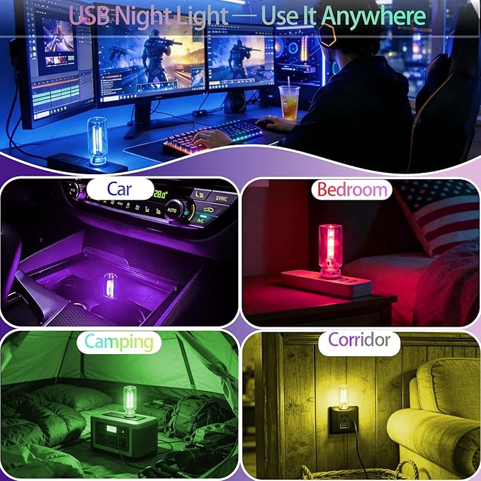 4 Pack USB Ambient Light Set,Mini Vintage Glass USB Night Lights with Touch Control & Dimmable, Plug in Car Interior Atmosphere Lamp for Bedroom,Laptop,Portable Mood Lighting(Purple Pink Green Yellow)