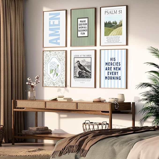 Blue Green Christian Wall Art Decor Bible Verse Canvas Poster Preppy Scripture Pictures Trendy Religious Prints Aesthetic Floral Artwork Painting for Bedroom Living Room 12x16 Inch Unframed Set of 6