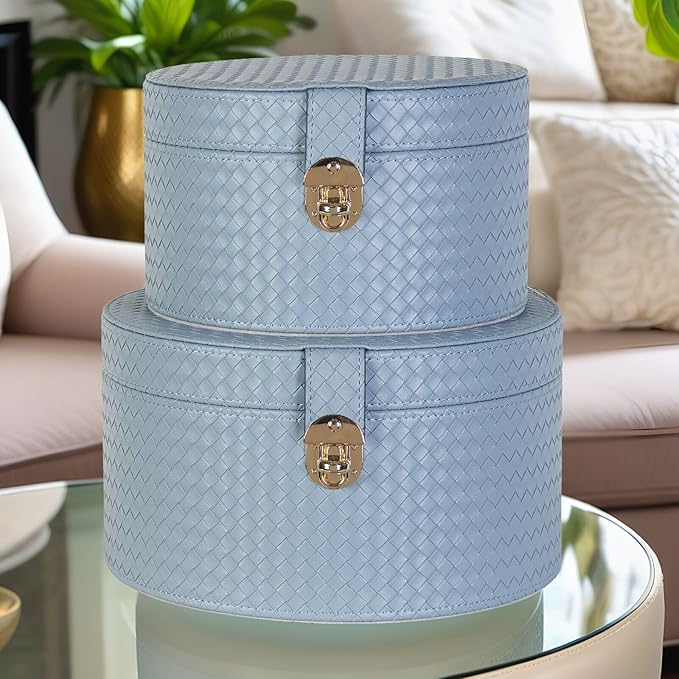Large Leather Decorative Boxes Set of 2 Round Hat Box Bin Basket with Lid for Shelf Coffee Table Storage Remotes Modern Home Decor (light blue)