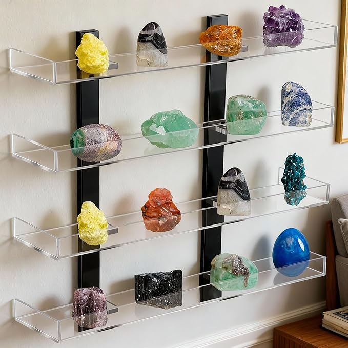 Novabright 4 Layer Rock Display Shelves Clear Acrylic Floating Shelves Wall Organizer for Stone Collection 11.8" Rock Display Stand for Stone Minerals Gemstones Crafts Figure Perfume for Living Room