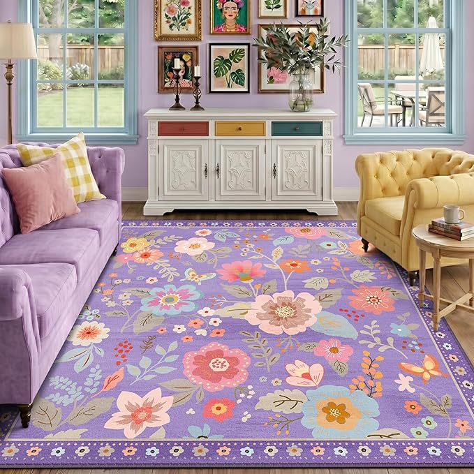 RELEANY Floral Nursery Square 8ft Area Rugs Washable Print Boho Cute Carpet Non Slip Flower Low Pile for Living Room Kids Girls Playroom Bedroom Kitchen Office Farmhouse-Purple/Pink/Multi