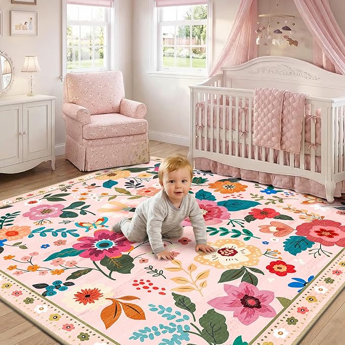 RELEANY Floral Nursery Square 5ft Area Rugs Washable Print Boho Cute Carpet Non Slip Flower Low Pile for Living Room Kids Girls Playroom Bedroom Kitchen Office Farmhouse-Pink