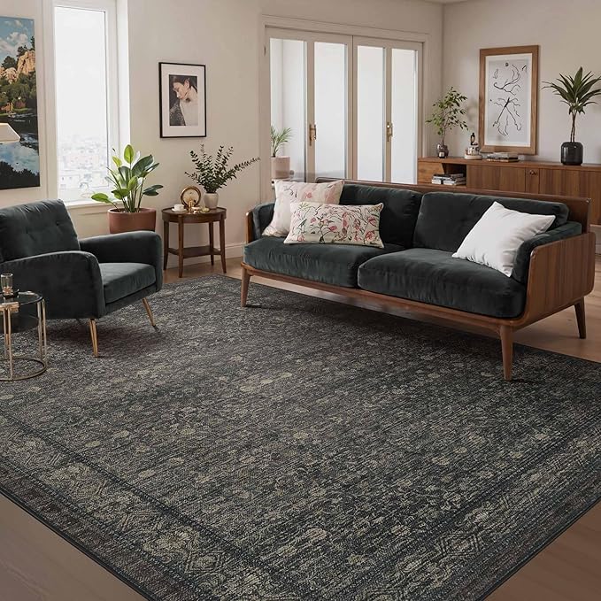 Rugxara 6x9 Washable Area Rug for Living Room, Vintage Large Boho Rugs for Office, Dining Room, Kids Room, Farmhouse, Durable Low Pile Non Slip Carpet for High Traffic Areas, Moss Brown