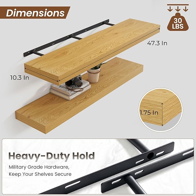 Heimlove Floating Shelves for Wall 48 Inch Long,Extra Large and Thick Wood Shelves Mounted Storage Hanging Shelf Invisible Bracket for Bedroom,Living Room,Kitchen,Office,Oak